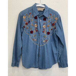 VTG tantrums Blue Long Sleeve Button Up Shirt Small‎ Denim Fall Embroidered